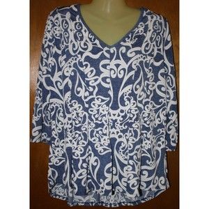 Sami & Jo 3/4 Sleeve BlouseSize PXL Blue White V-Neck Hi-Low Flared Bottom